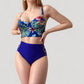 Tropical Print Longline Bikini Top with High Waist Bottom and Lattice Side Details