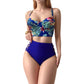 Tropical Print Longline Bikini Top with High Waist Bottom and Lattice Side Details