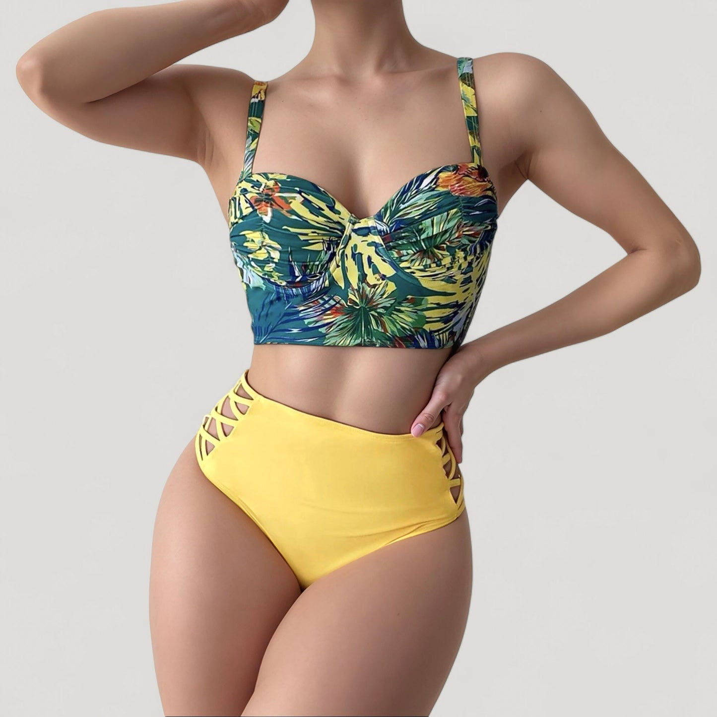 Tropical Print Longline Bikini Top with High Waist Bottom and Lattice Side Details