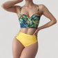 Tropical Print Longline Bikini Top with High Waist Bottom and Lattice Side Details