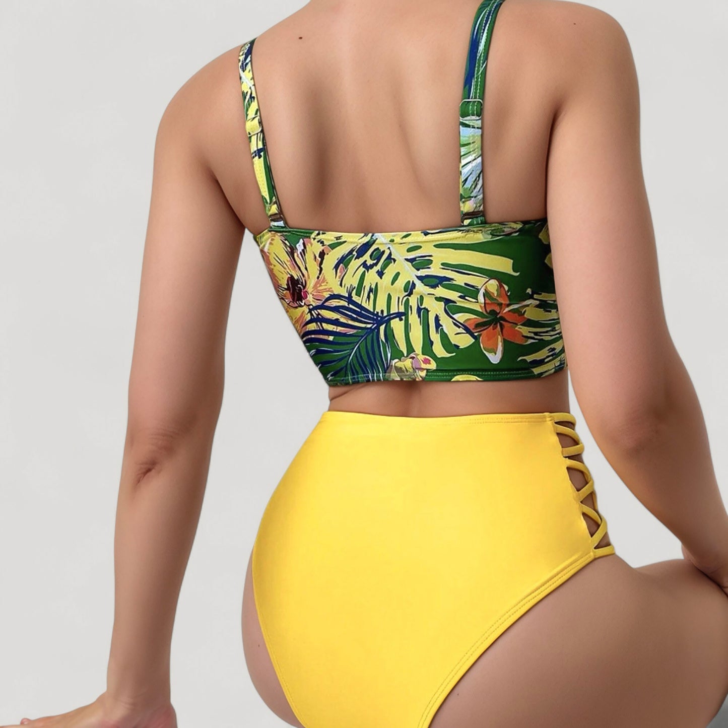 Tropical Print Longline Bikini Top with High Waist Bottom and Lattice Side Details
