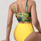 Tropical Print Longline Bikini Top with High Waist Bottom and Lattice Side Details