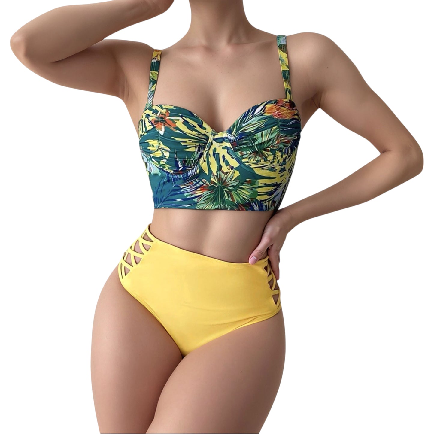 Tropical Print Longline Bikini Top with High Waist Bottom and Lattice Side Details