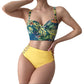 Tropical Print Longline Bikini Top with High Waist Bottom and Lattice Side Details