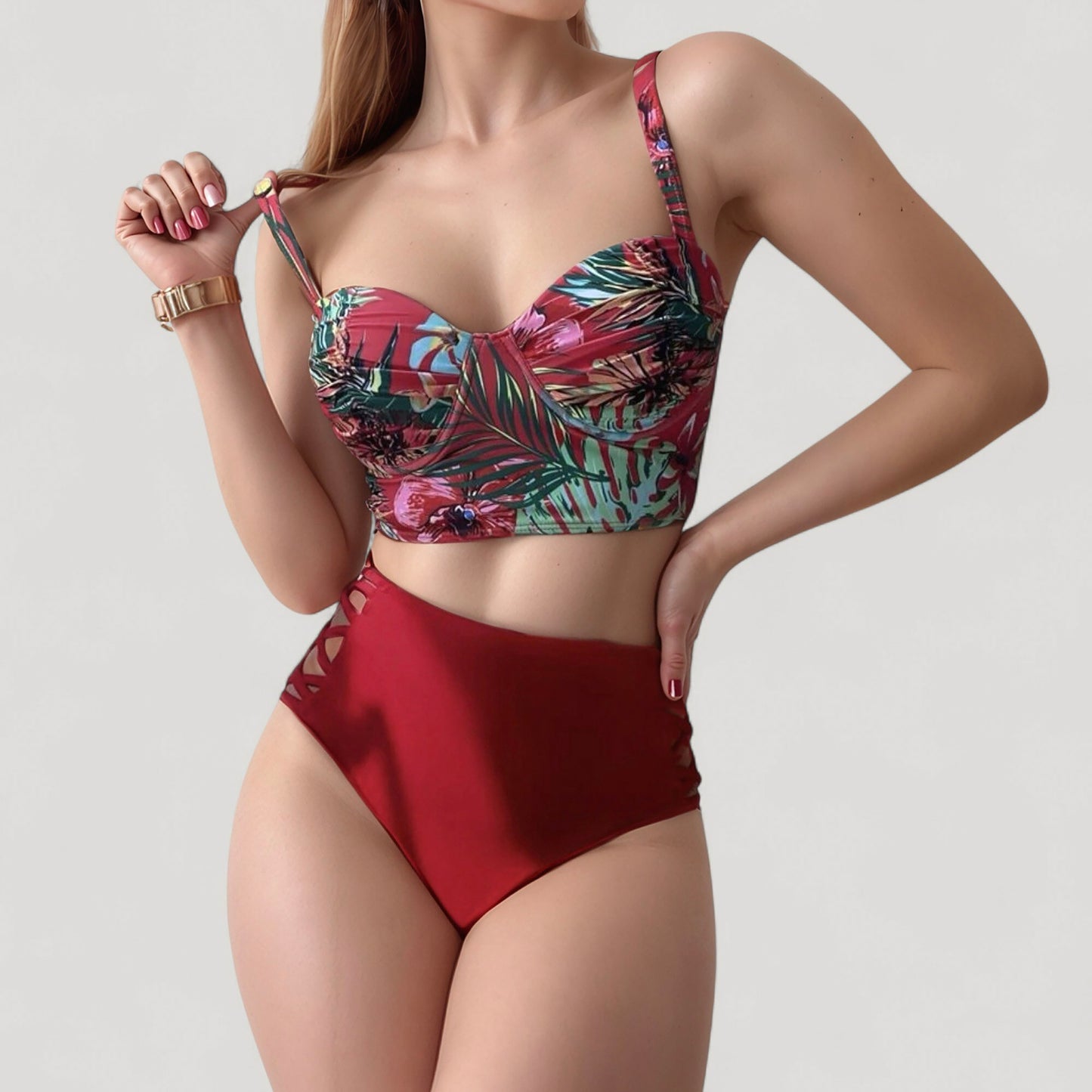 Tropical Print Longline Bikini Top with High Waist Bottom and Lattice Side Details