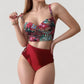 Tropical Print Longline Bikini Top with High Waist Bottom and Lattice Side Details