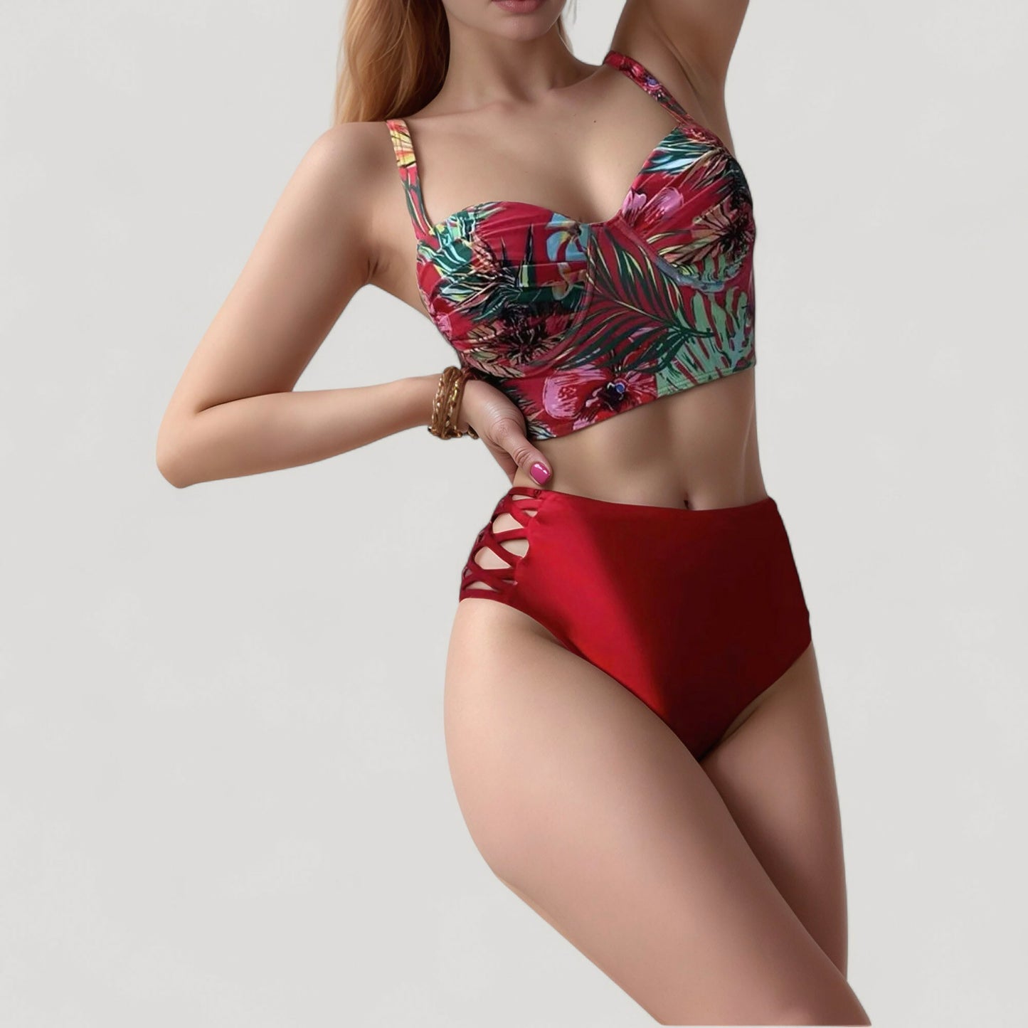 Tropical Print Longline Bikini Top with High Waist Bottom and Lattice Side Details