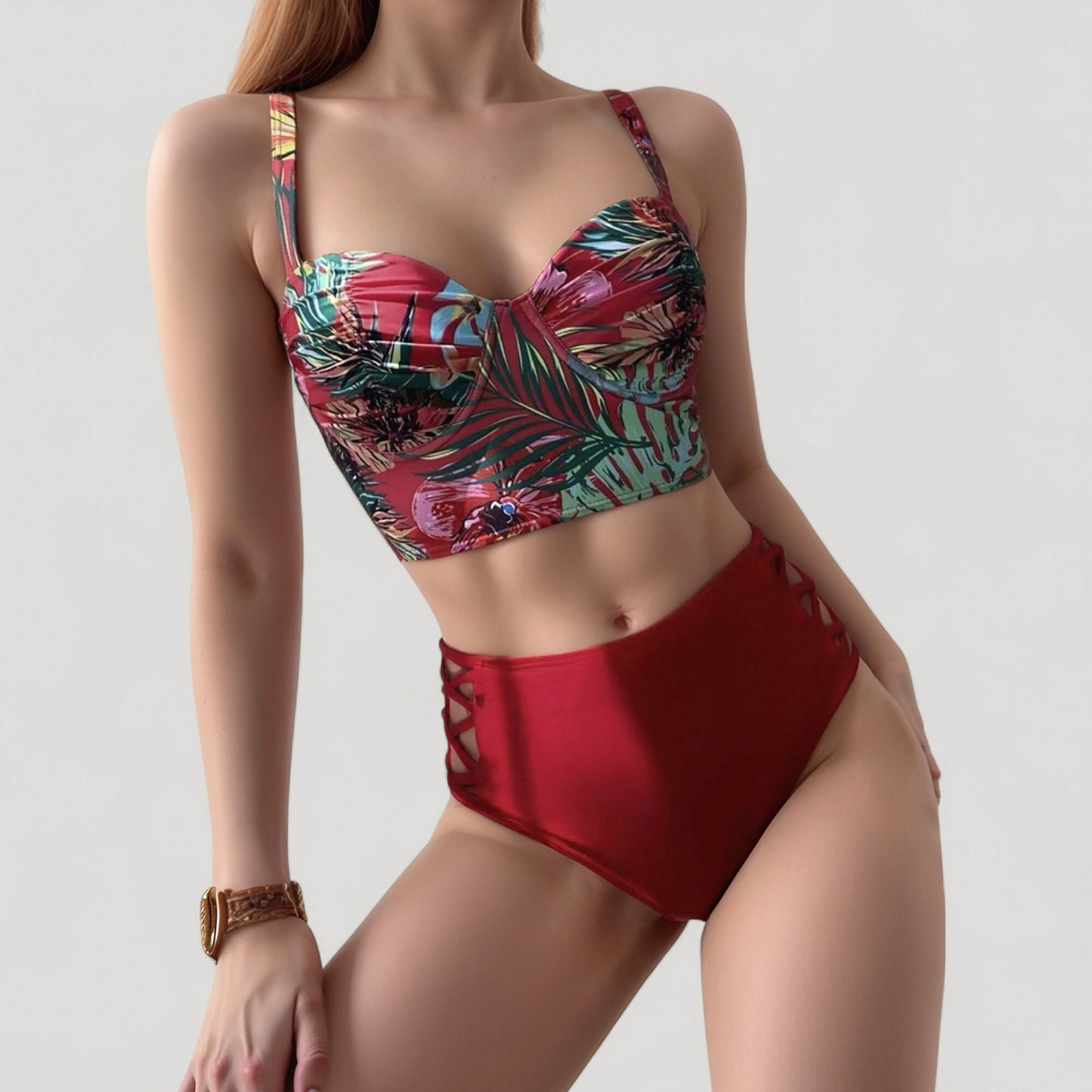 Tropical Print Longline Bikini Top with High Waist Bottom and Lattice Side Details