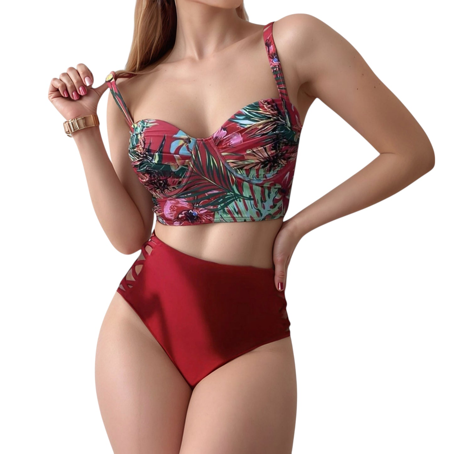 Tropical Print Longline Bikini Top with High Waist Bottom and Lattice Side Details