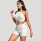Ribbed Knit Halter Crop Top with Front Tie Cutout and Matching High Waist Shorts Lounge Set