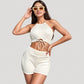 Ribbed Knit Halter Crop Top with Front Tie Cutout and Matching High Waist Shorts Lounge Set