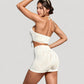 Ribbed Knit Halter Crop Top with Front Tie Cutout and Matching High Waist Shorts Lounge Set
