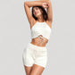 Ribbed Knit Halter Crop Top with Front Tie Cutout and Matching High Waist Shorts Lounge Set