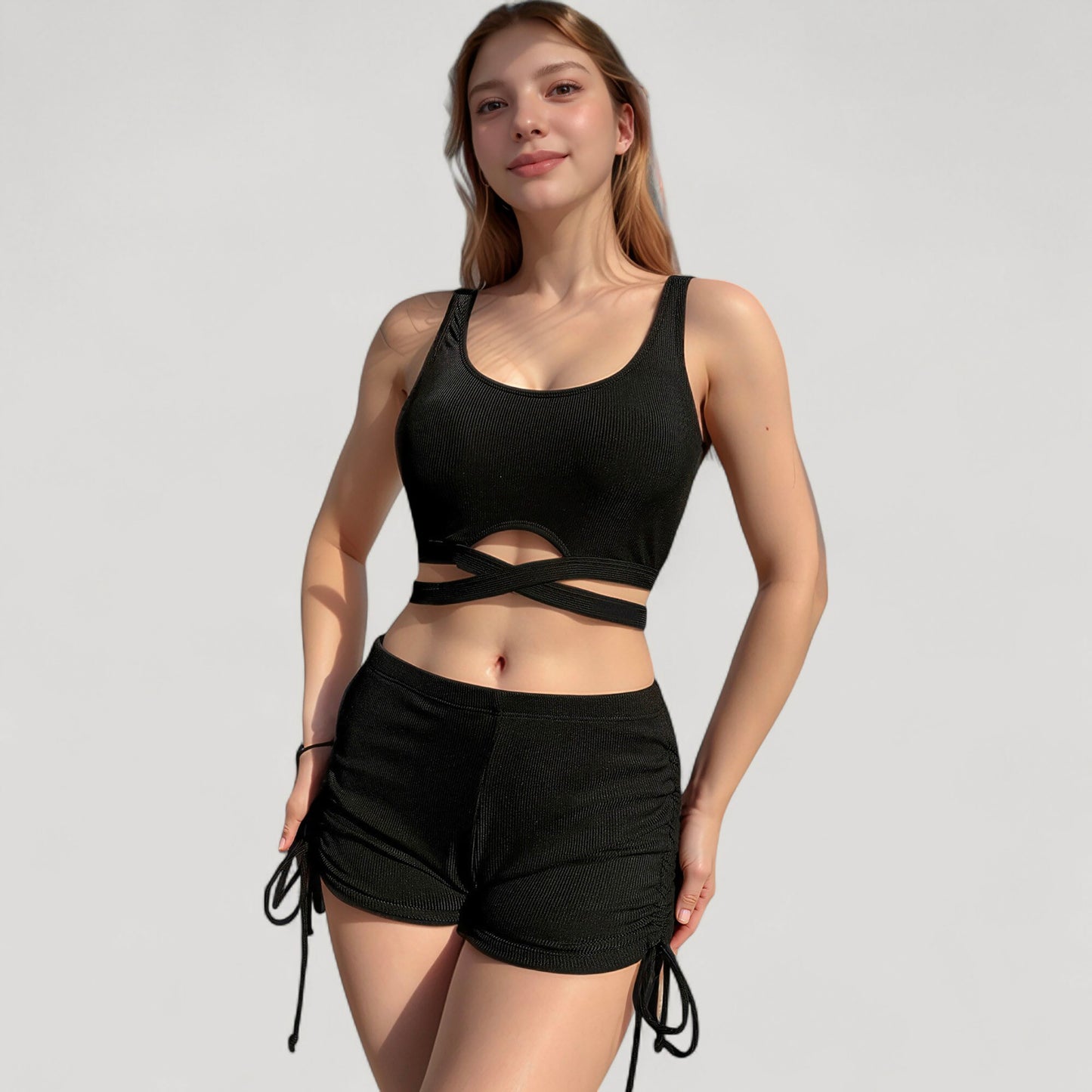 Ribbed Knit Two-Piece Lounge Set with Crisscross Crop Top and Ruched Drawstring Shorts