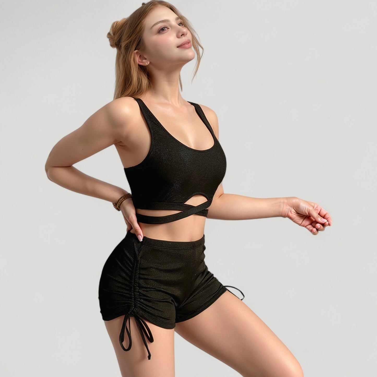 Ribbed Knit Two-Piece Lounge Set with Crisscross Crop Top and Ruched Drawstring Shorts