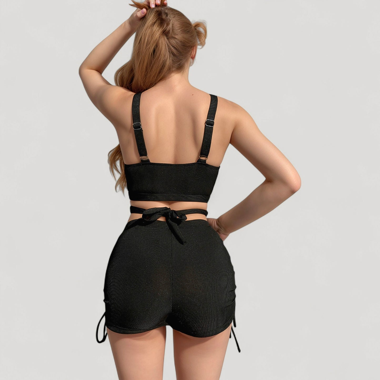 Ribbed Knit Two-Piece Lounge Set with Crisscross Crop Top and Ruched Drawstring Shorts