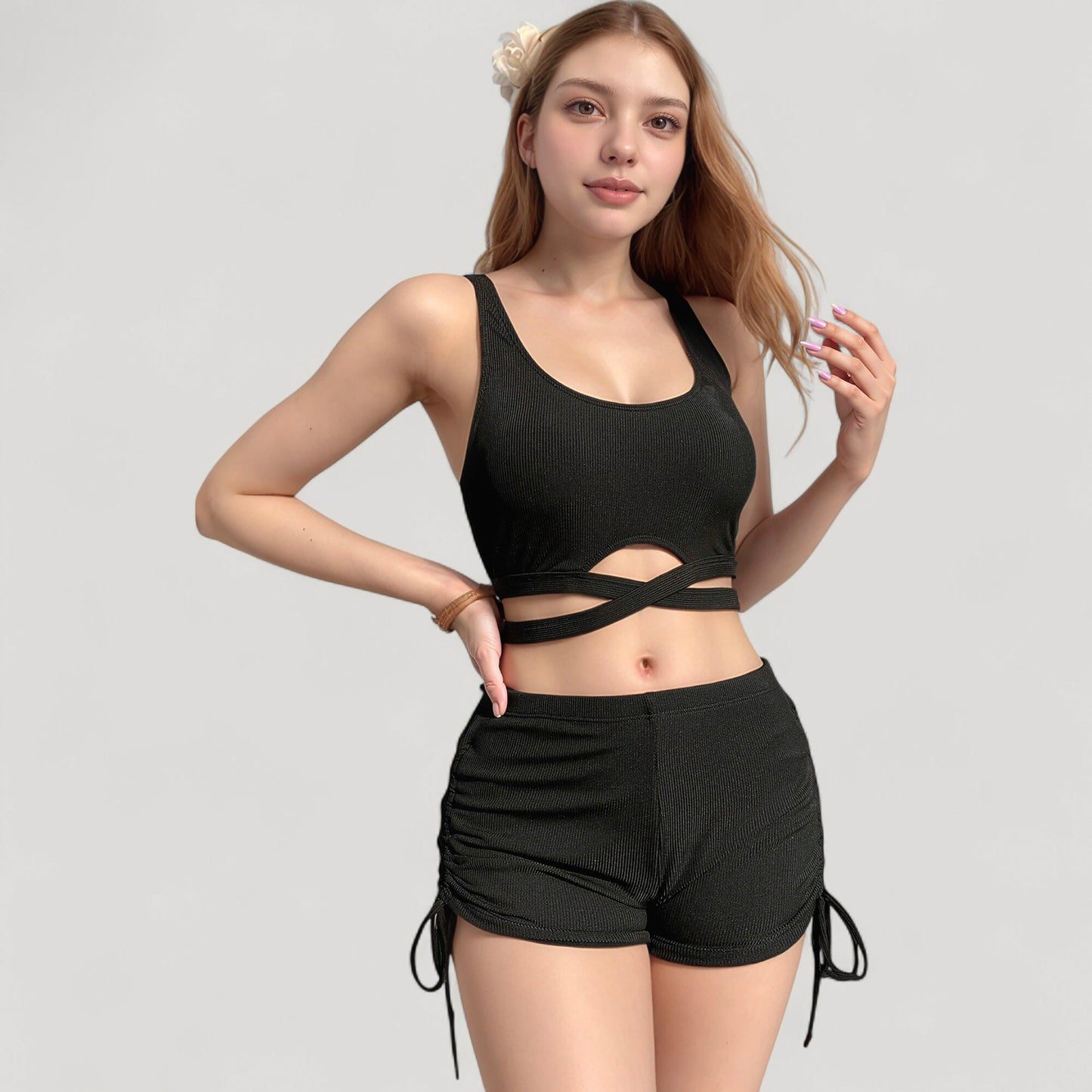 Ribbed Knit Two-Piece Lounge Set with Crisscross Crop Top and Ruched Drawstring Shorts