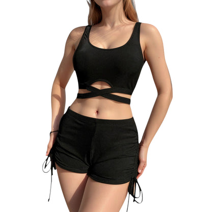 Ribbed Knit Two-Piece Lounge Set with Crisscross Crop Top and Ruched Drawstring Shorts