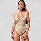 Ribbed One Piece Swimsuit with Lace-Up V Neck and Ruffle Trim Details