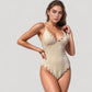Ribbed One Piece Swimsuit with Lace-Up V Neck and Ruffle Trim Details