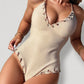 Ribbed One Piece Swimsuit with Lace-Up V Neck and Ruffle Trim Details