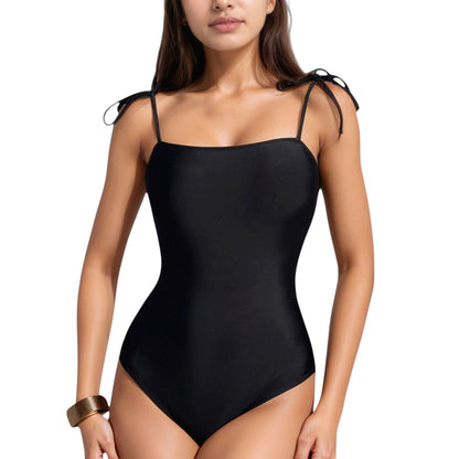 Classic One Piece Swimsuit with Adjustable Shoulder Tie Straps and Straight Neckline