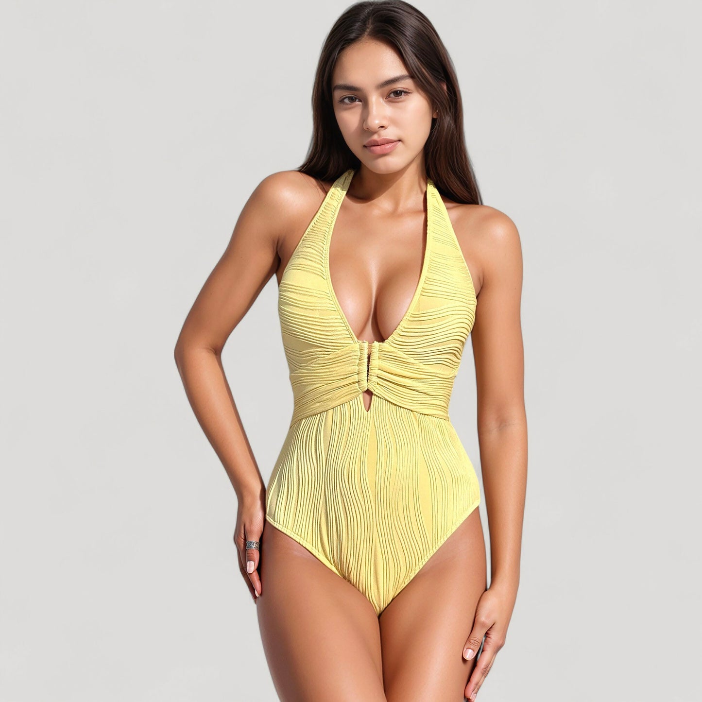 Ribbed Plunge One Piece Swimsuit with Halter Neckline and Keyhole Front Detail