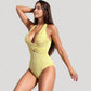 Ribbed Plunge One Piece Swimsuit with Halter Neckline and Keyhole Front Detail