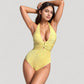 Ribbed Plunge One Piece Swimsuit with Halter Neckline and Keyhole Front Detail
