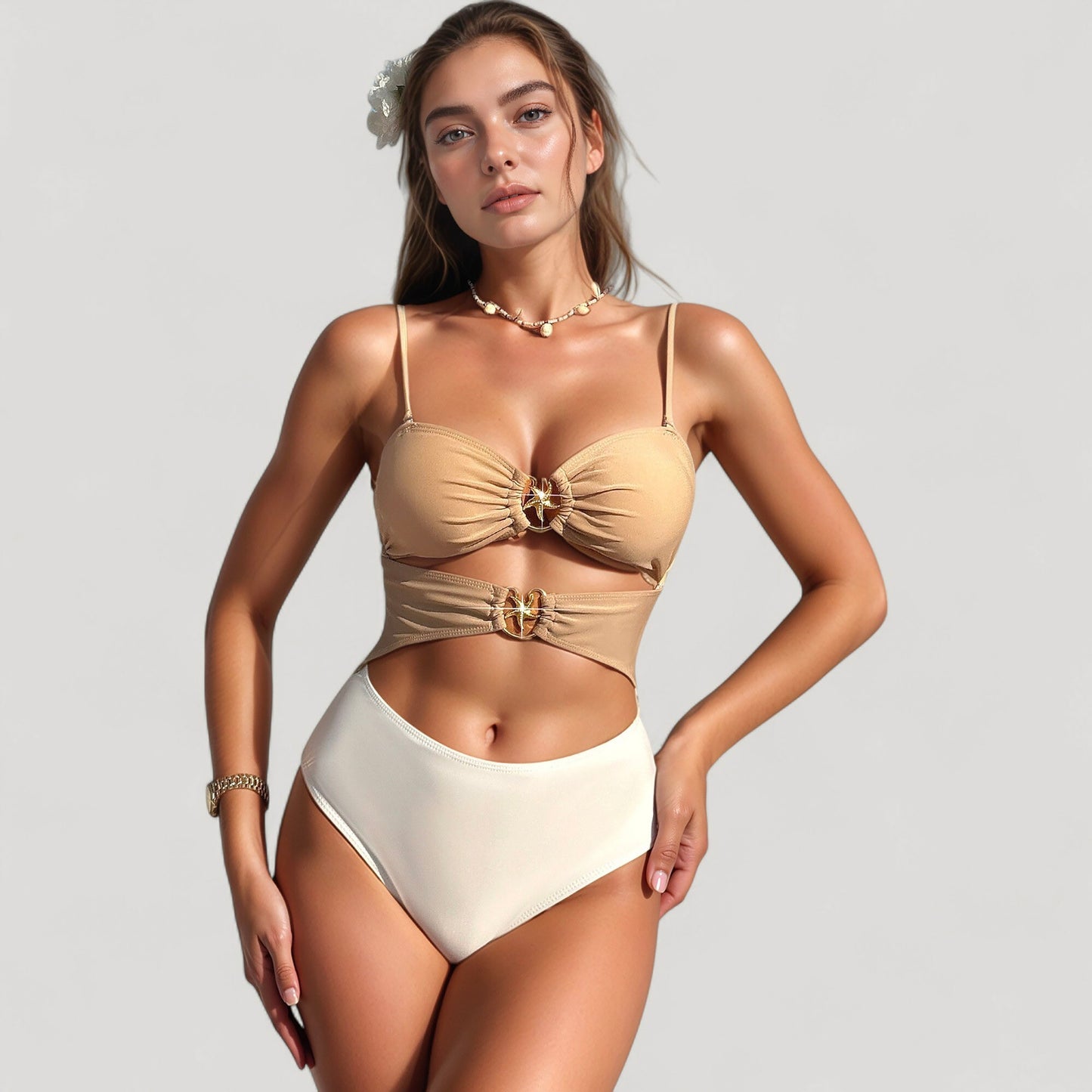 Bikini Top with Jewel Ring Accents and Sheer Wrap Skirt Cover-Up Set