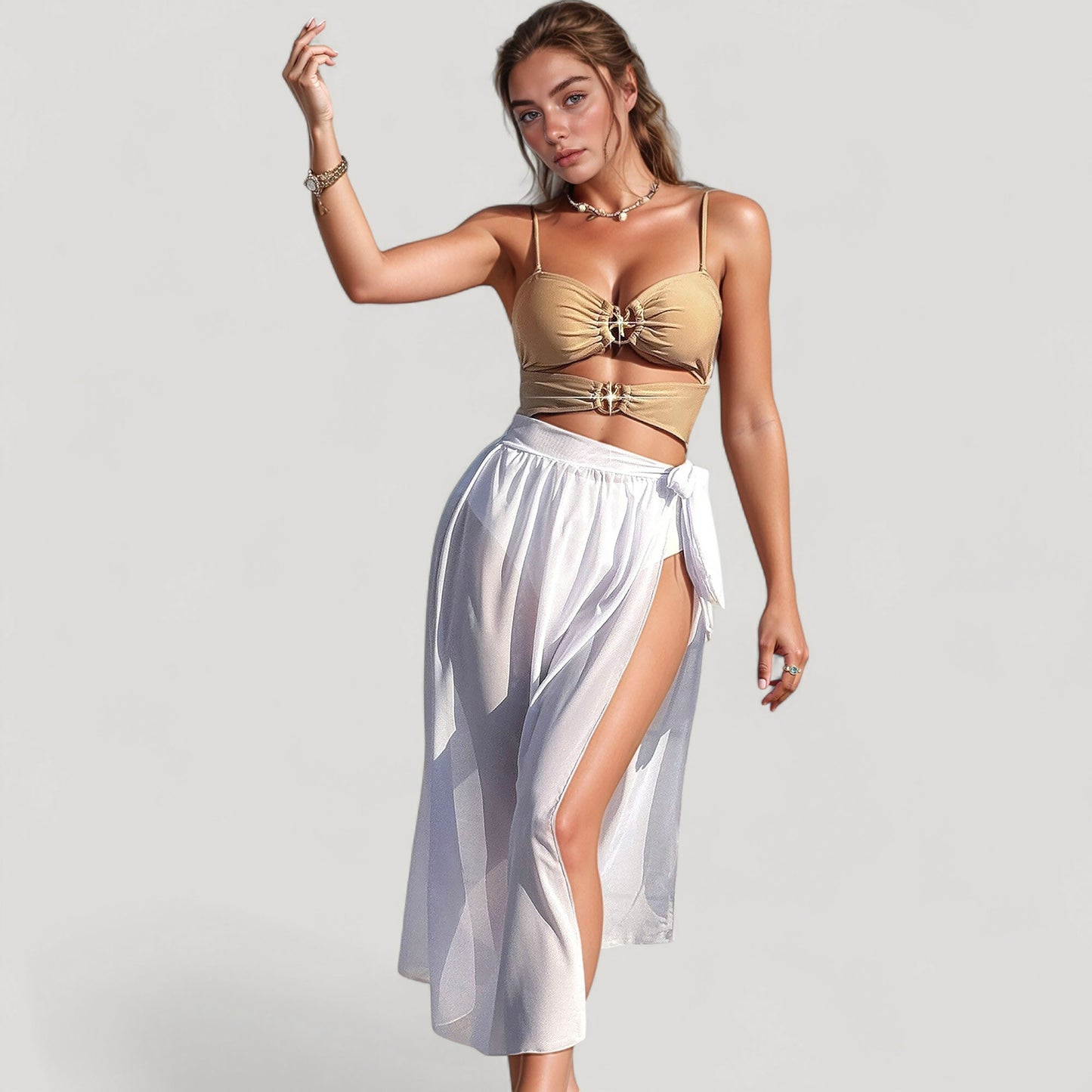 Bikini Top with Jewel Ring Accents and Sheer Wrap Skirt Cover-Up Set