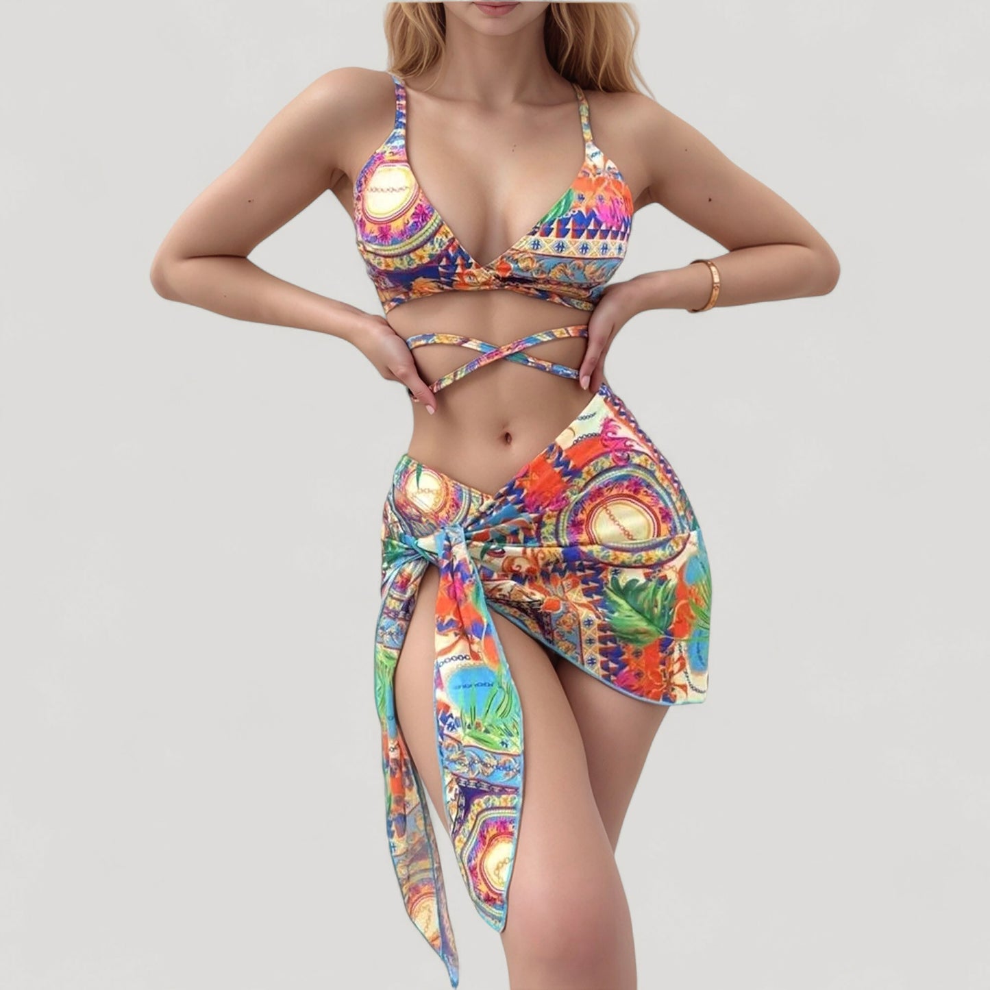 Printed Bikini with Wrap Tie Straps and Matching Side Tie Mini Skirt Cover-Up
