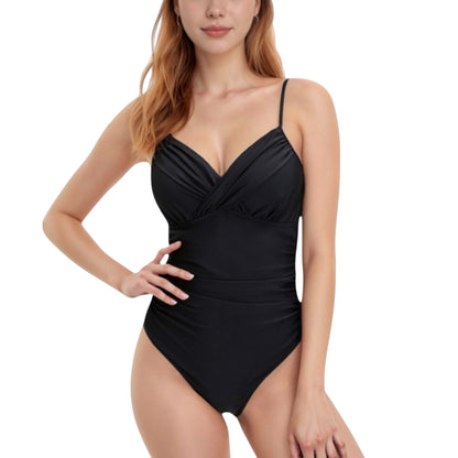 One Piece Swimsuit with Ruched Waist and V-Neck Wrap Front Adjustable Spaghetti Straps