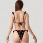 Cherry Print Bikini Set with Triangle Top and Ruffle Strap Detail High Cut Bottom