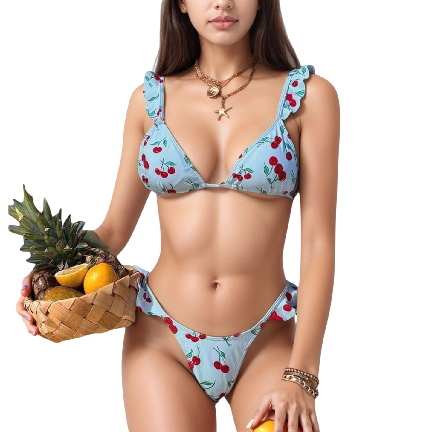 Cherry Print Bikini Set with Triangle Top and Ruffle Strap Detail High Cut Bottom
