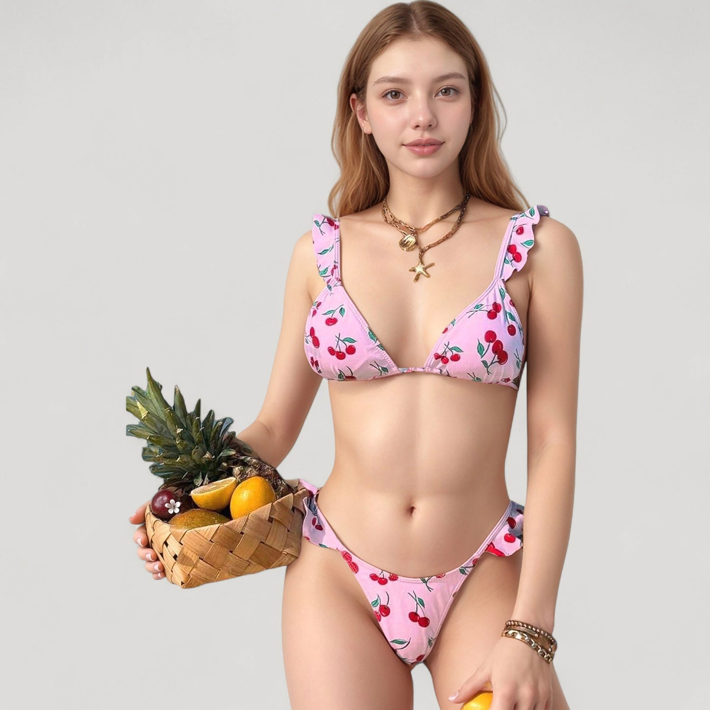 Cherry Print Bikini Set with Triangle Top and Ruffle Strap Detail High Cut Bottom