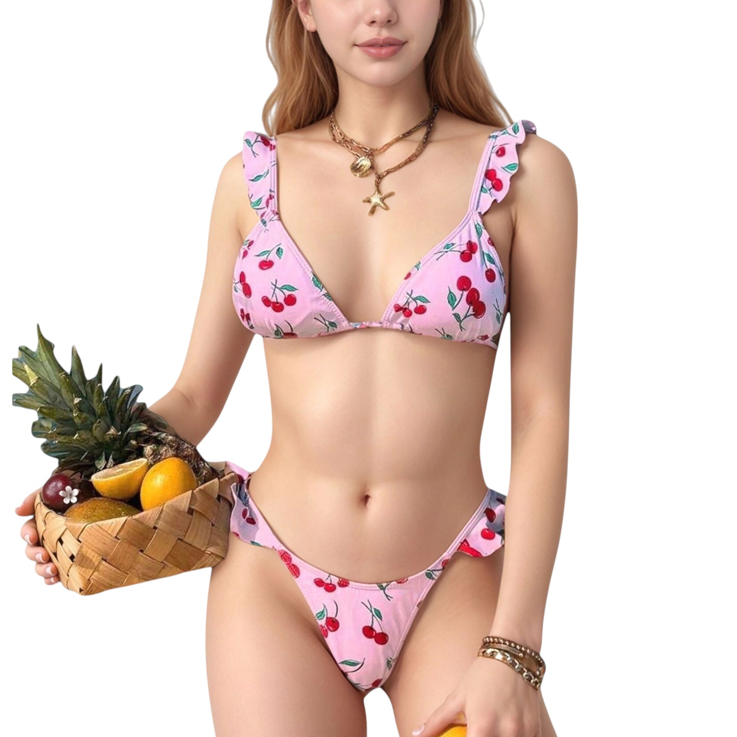 Cherry Print Bikini Set with Triangle Top and Ruffle Strap Detail High Cut Bottom