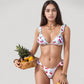 Cherry Print Bikini Set with Triangle Top and Ruffle Strap Detail High Cut Bottom