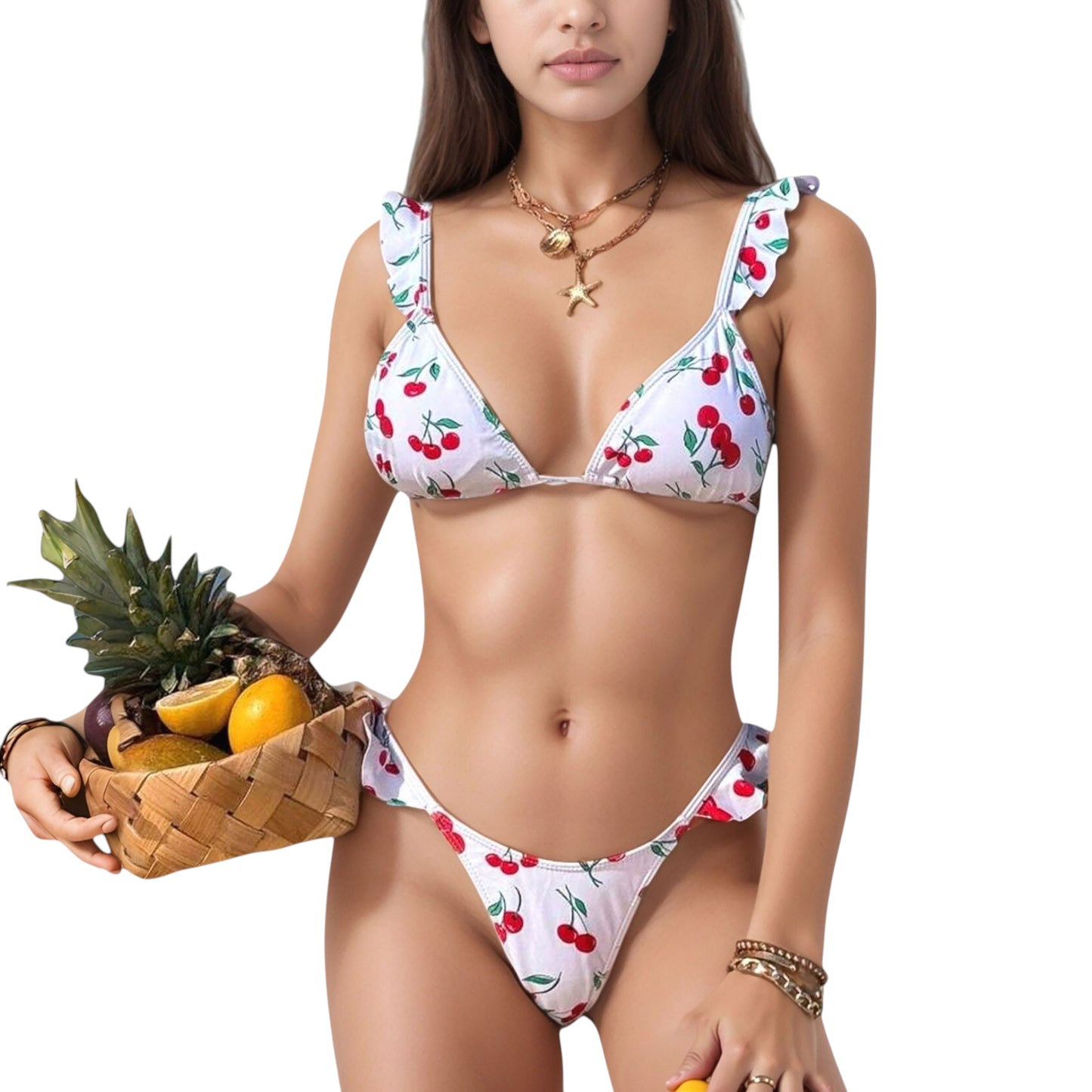 Cherry Print Bikini Set with Triangle Top and Ruffle Strap Detail High Cut Bottom