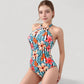 Tropical Floral One Piece Swimsuit with High Neck and Cutout Shoulder Detail