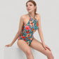 Tropical Floral One Piece Swimsuit with High Neck and Cutout Shoulder Detail