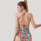 Tropical Floral One Piece Swimsuit with High Neck and Cutout Shoulder Detail