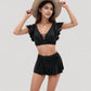 Ruffle Sleeve Two Piece Swimsuit with Deep V Neck Top and High Waist Skirted Bottom