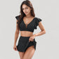 Ruffle Sleeve Two Piece Swimsuit with Deep V Neck Top and High Waist Skirted Bottom