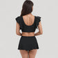 Ruffle Sleeve Two Piece Swimsuit with Deep V Neck Top and High Waist Skirted Bottom