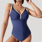 One Piece Swimsuit with Sheer Mesh V-Neck Trim and Contrast Binding