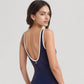 One Piece Swimsuit with Sheer Mesh V-Neck Trim and Contrast Binding