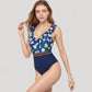 Ruffle One-Piece Swimsuit with Floral Print Bodice and Striped Waistband Detail