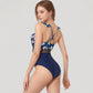 Ruffle One-Piece Swimsuit with Floral Print Bodice and Striped Waistband Detail