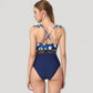 Ruffle One-Piece Swimsuit with Floral Print Bodice and Striped Waistband Detail